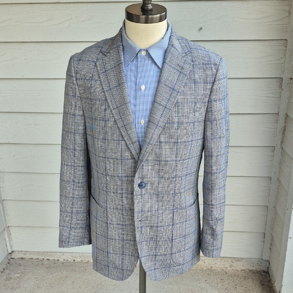 PAUL BETENLY Grey Blue White Weave Wool Linen Blend 42 R Slim Sport Coat Blazer - Picture 1 of 7